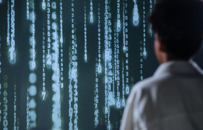 Futuristic AI generated packaging designs floating in a digital interface showcasing personalized labels and sustainable materials with glowing data overlays