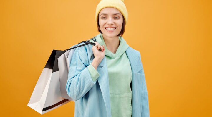Vibrant cityscape at dusk with diverse urban consumers holding custom branded paper bags and boxes overlayed with icons representing convenience sustainability and personalization