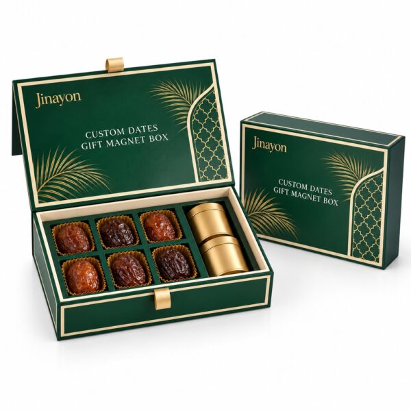 Custom Printed Dates and Arabic Coffee Gift Magnet Box for UAE and Saudi Corporate Gifting, 157gsm Coated Paper Wrapped 2mm Gray Board, Glossy CMYK Packaging with Gold Foil Logo