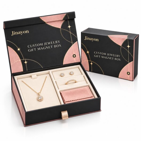 Custom Printed Personalized Jewelry Gift Magnet Box for US, Europe and Gulf Brands, 157gsm Coated Paper Wrapped 2mm Gray Board, Glossy CMYK Packaging with Gold Foil Logo