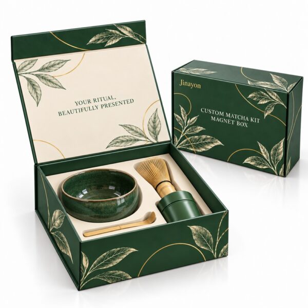 Custom Printed Matcha Kit Rigid Magnetic Gift Box for Europe, USA and Middle East, 157g Coated Paper Wrapped 2mm Gray Board, Glossy Lamination, Gold Foil Logo and Double-Sided CMYK Print