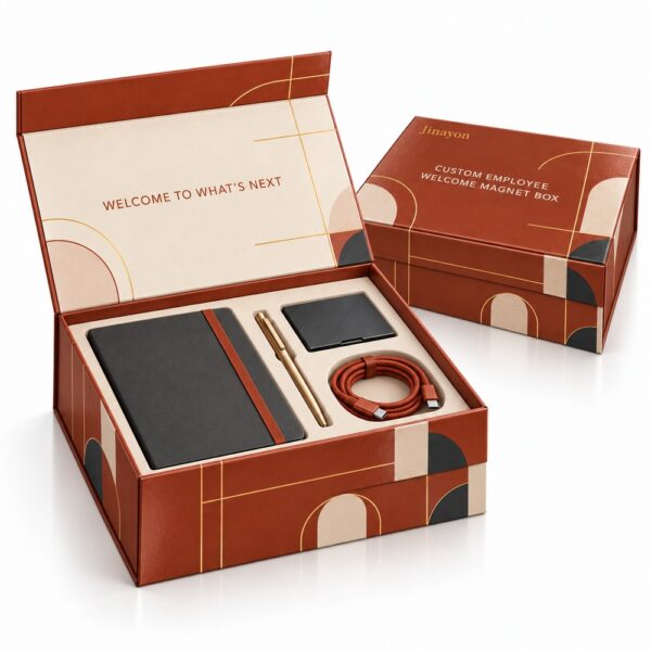 Custom Printed Employee Welcome Kit Rigid Magnetic Gift Box for Europe, USA and Middle East, 157g Coated Paper Wrapped 2mm Gray Board, Glossy Lamination, Gold Foil Logo and Double-Sided CMYK Print