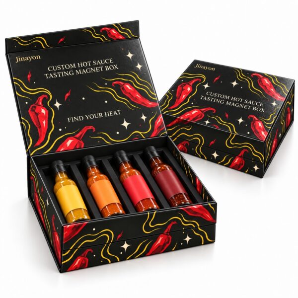 Custom Hot Sauce Tasting Magnetic Gift Box | Printed Logo Rigid Packaging with Glossy Lamination