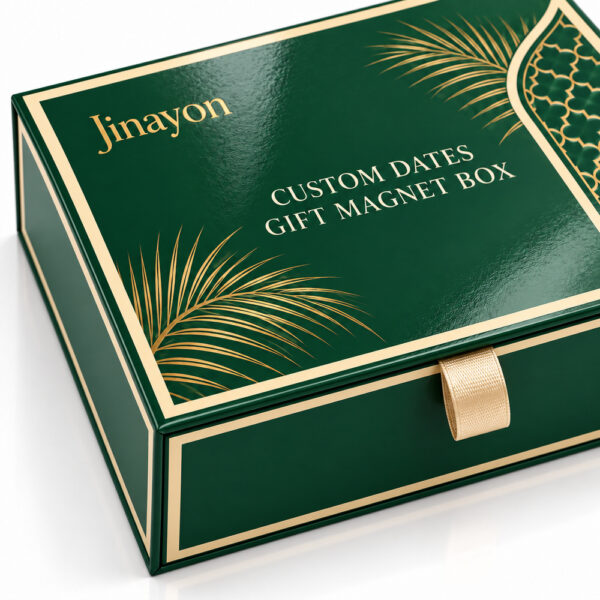 Custom Printed Dates and Arabic Coffee Gift Magnet Box for UAE and Saudi Corporate Gifting, 157gsm Coated Paper Wrapped 2mm Gray Board, Glossy CMYK Packaging with Gold Foil Logo