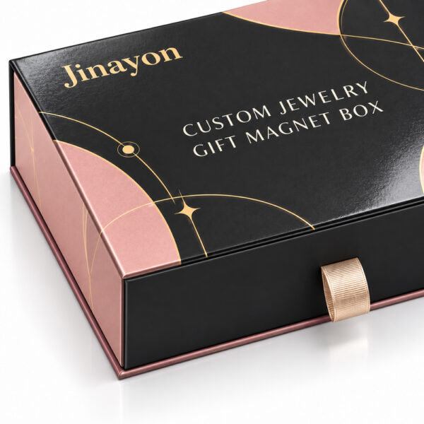 Custom Printed Personalized Jewelry Gift Magnet Box for US, Europe and Gulf Brands, 157gsm Coated Paper Wrapped 2mm Gray Board, Glossy CMYK Packaging with Gold Foil Logo