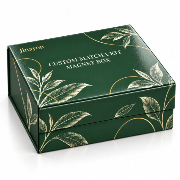 Custom Printed Matcha Kit Rigid Magnetic Gift Box for Europe, USA and Middle East, 157g Coated Paper Wrapped 2mm Gray Board, Glossy Lamination, Gold Foil Logo and Double-Sided CMYK Print