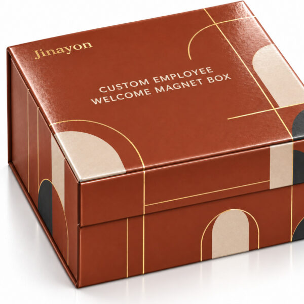 Custom Printed Employee Welcome Kit Rigid Magnetic Gift Box for Europe, USA and Middle East, 157g Coated Paper Wrapped 2mm Gray Board, Glossy Lamination, Gold Foil Logo and Double-Sided CMYK Print
