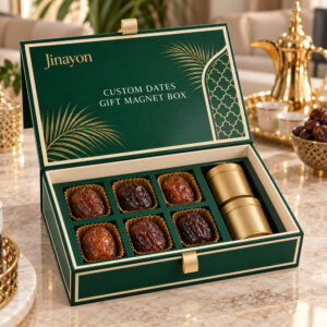 Custom Printed Dates and Arabic Coffee Gift Magnet Box for UAE and Saudi Corporate Gifting, 157gsm Coated Paper Wrapped 2mm Gray Board, Glossy CMYK Packaging with Gold Foil Logo