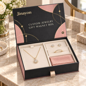 Custom Printed Personalized Jewelry Gift Magnet Box for US, Europe and Gulf Brands, 157gsm Coated Paper Wrapped 2mm Gray Board, Glossy CMYK Packaging with Gold Foil Logo