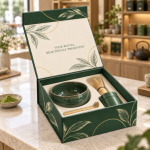 Custom Printed Matcha Kit Rigid Magnetic Gift Box for Europe, USA and Middle East, 157g Coated Paper Wrapped 2mm Gray Board, Glossy Lamination, Gold Foil Logo and Double-Sided CMYK Print