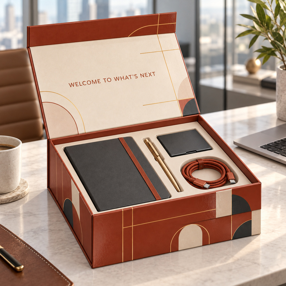 Custom Printed Employee Welcome Kit Rigid Magnetic Gift Box for Europe, USA and Middle East, 157g Coated Paper Wrapped 2mm Gray Board, Glossy Lamination, Gold Foil Logo and Double-Sided CMYK Print
