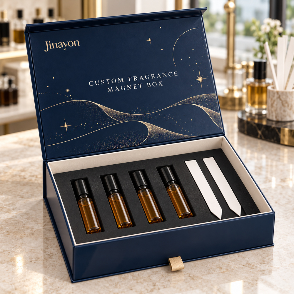 Custom Printed Fragrance Discovery Magnet Box for Europe and Middle East, 157gsm Coated Paper Wrapped 2mm Gray Board, Glossy Laminated CMYK Packaging with Gold Foil Logo