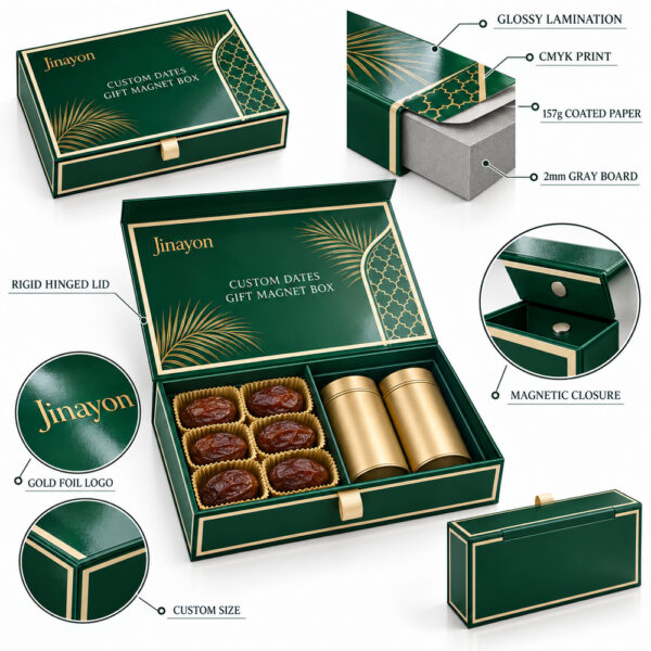 Custom Printed Dates and Arabic Coffee Gift Magnet Box for UAE and Saudi Corporate Gifting, 157gsm Coated Paper Wrapped 2mm Gray Board, Glossy CMYK Packaging with Gold Foil Logo