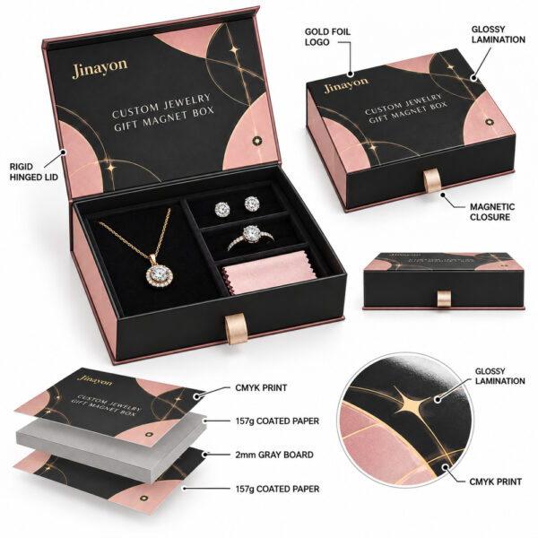 Custom Printed Personalized Jewelry Gift Magnet Box for US, Europe and Gulf Brands, 157gsm Coated Paper Wrapped 2mm Gray Board, Glossy CMYK Packaging with Gold Foil Logo