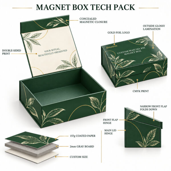 Custom Printed Matcha Kit Rigid Magnetic Gift Box for Europe, USA and Middle East, 157g Coated Paper Wrapped 2mm Gray Board, Glossy Lamination, Gold Foil Logo and Double-Sided CMYK Print