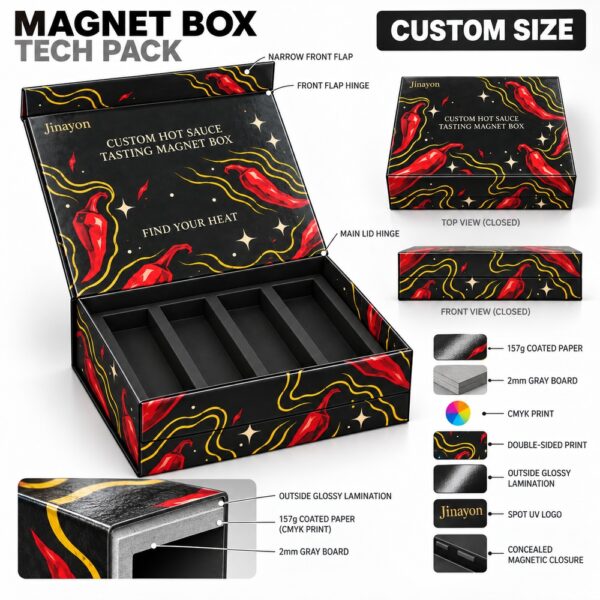 Custom Hot Sauce Tasting Magnetic Gift Box | Printed Logo Rigid Packaging with Glossy Lamination