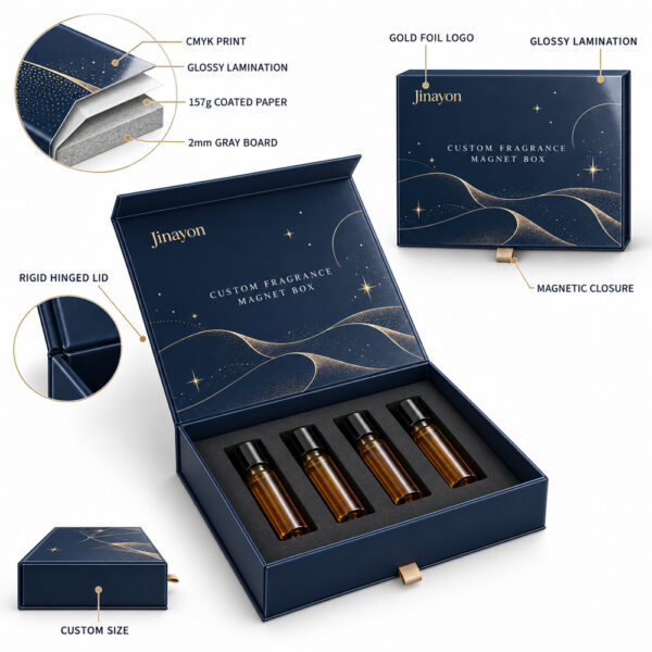 Custom Printed Fragrance Discovery Magnet Box for Europe and Middle East, 157gsm Coated Paper Wrapped 2mm Gray Board, Glossy Laminated CMYK Packaging with Gold Foil Logo