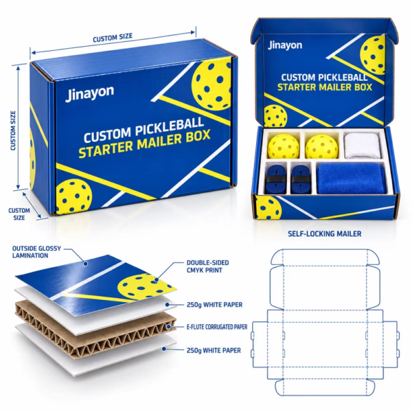 Custom Printed Pickleball Starter Kit Mailer Box Self Locking Corrugated Paper Packaging for Retail Shipping