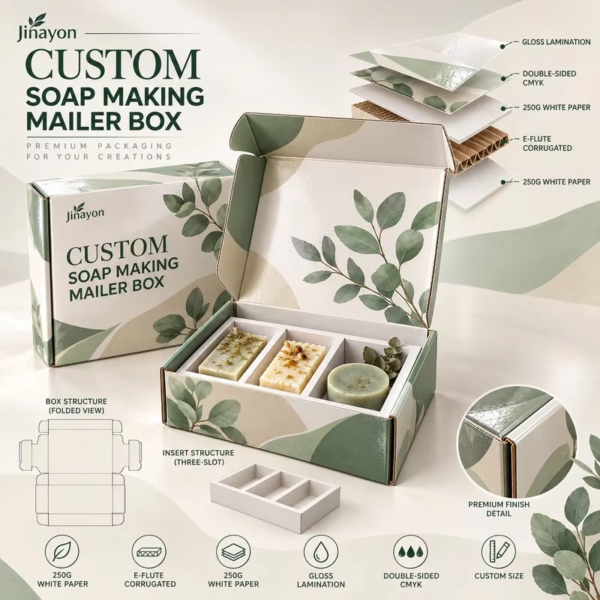 Custom Glossy Lamination E-Flute Soap Mailer Box Three-Slot Paper Insert Recyclable Sponge Lining Rigid Paper Packaging for